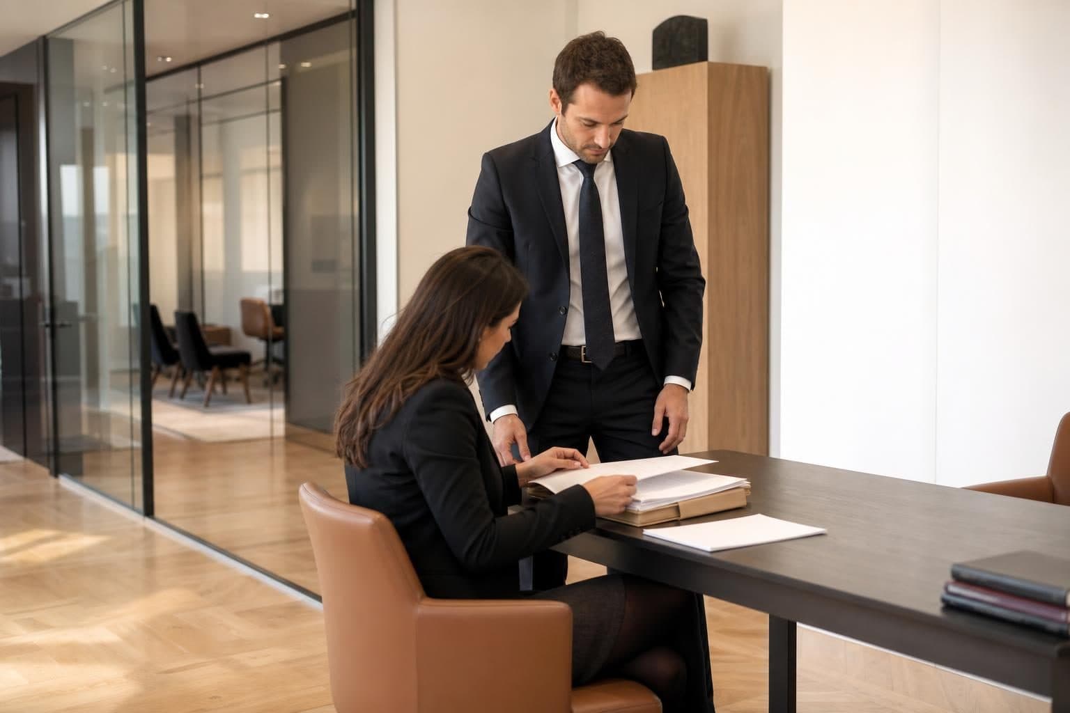 Deux personnes en tenue de bureau consultent un dossier sur une table dans un intérieur moderne vitré.